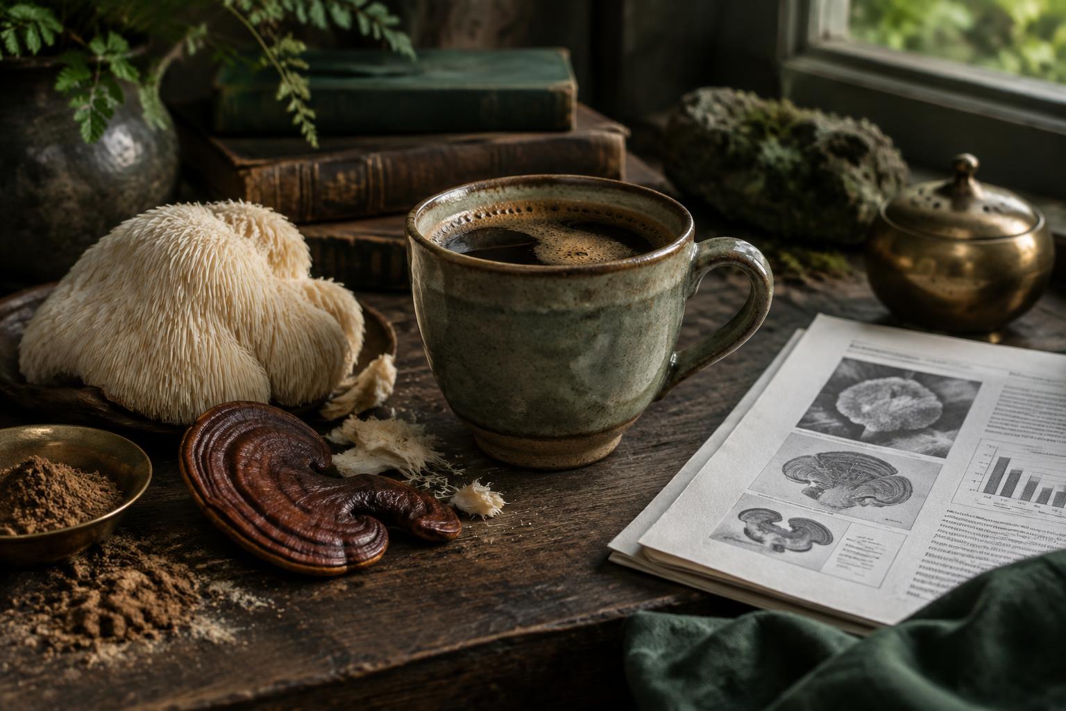 A cup of mushroom coffee on a wooden table beside dried medicinal mushrooms and a research paper