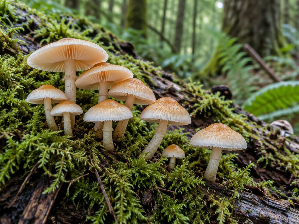 Woodland fungi growing on a mossy log